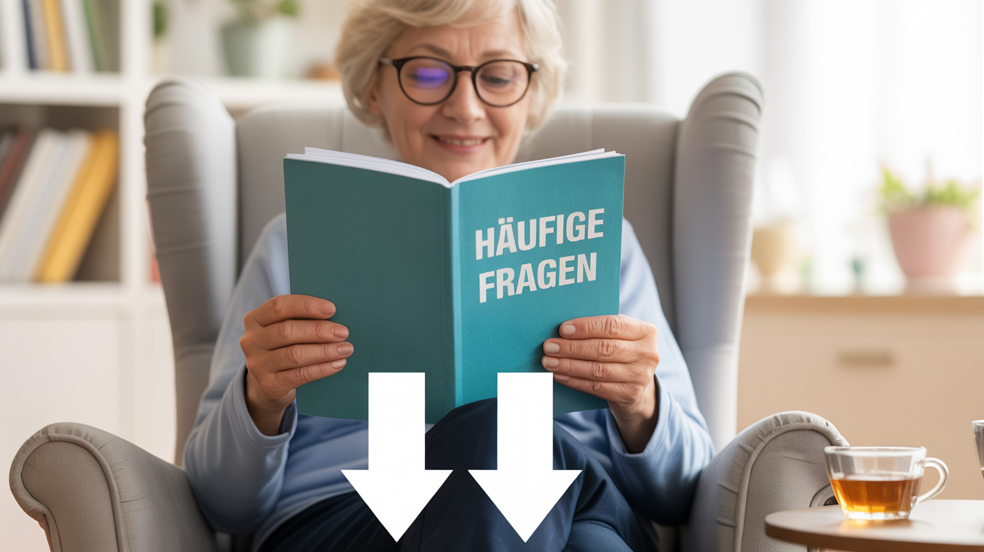 Freundliche Seniorin liest in Heft mit Häufige Fragen, Pfeile zeigen nach unten